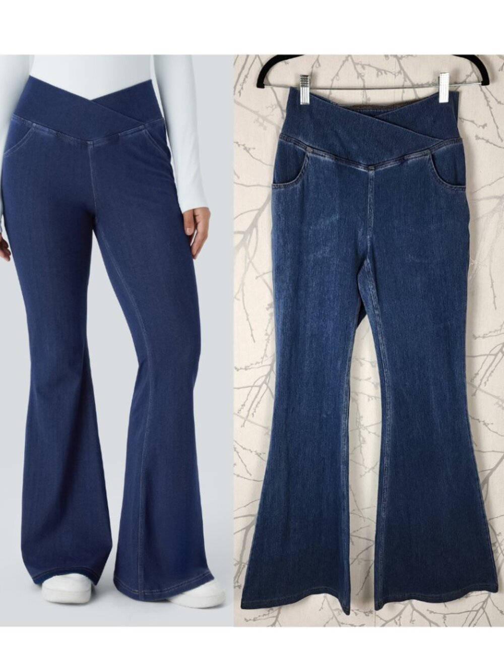 Halara Dark Wash Stretch Denim Crossover Pull On Flare Leggings